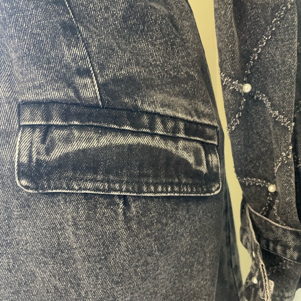 Distressed Denim Trench Coat, Black /Gry. w/ Pearl & Silver Accents, S, M , L - Picture 10 of 16